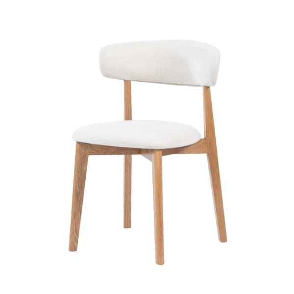 Modern Wooden Accent Chair -Natural Oak Frame & Cream Fabric Upholstery, Ergonomic Curved Back Support