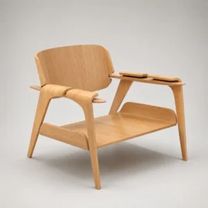 Lounge chair with moulded plywood shell and bent ash arms