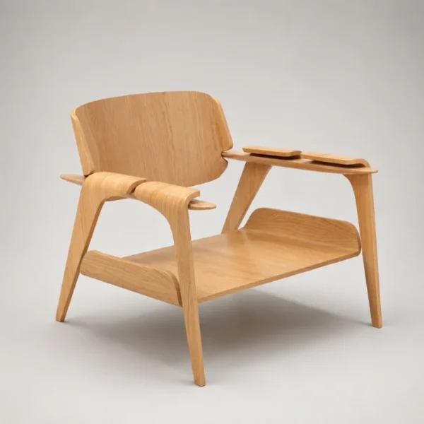 Lounge chair with moulded plywood shell and bent ash arms