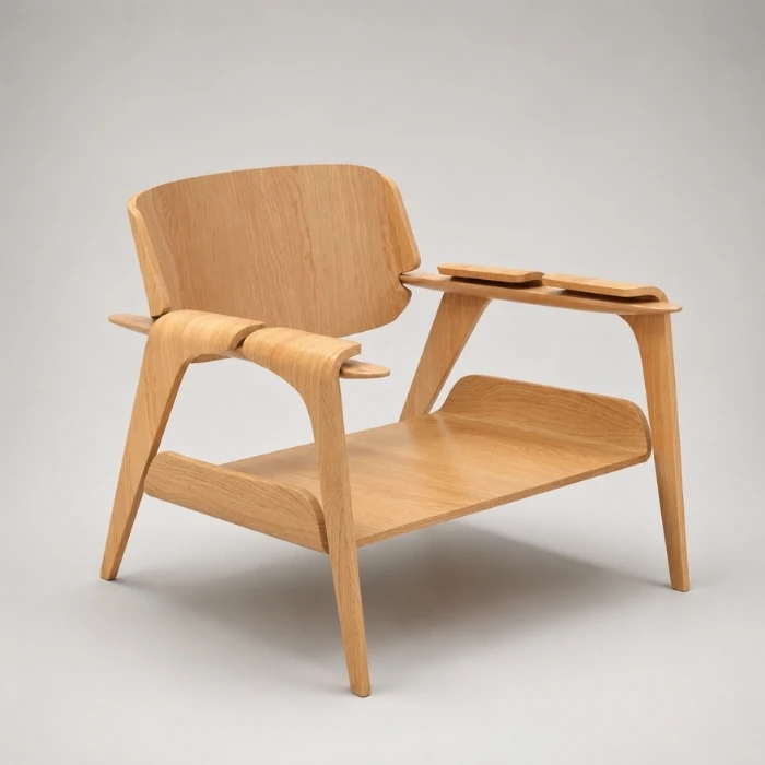 Lounge chair with moulded plywood shell and bent ash arms